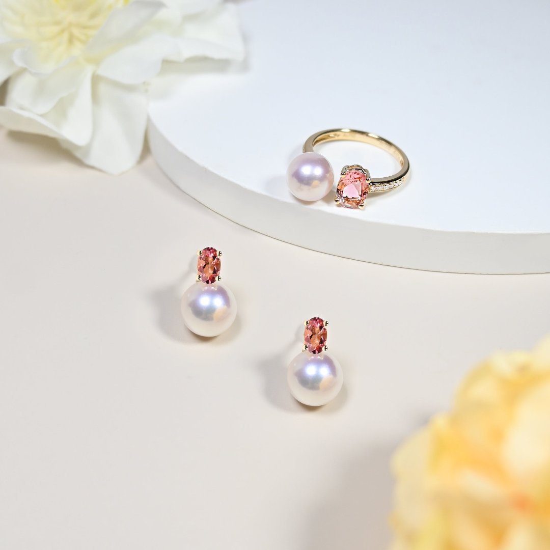 晨曦粉紅碧璽珍珠鑽石戒指Dawn Tourmaline Akoya Pearl Diamond Ring