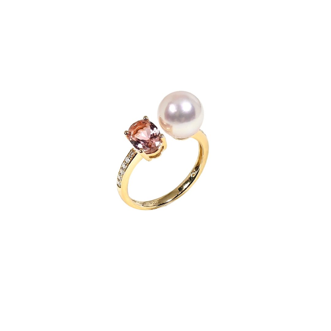 晨曦粉紅碧璽珍珠鑽石戒指Dawn Tourmaline Akoya Pearl Diamond Ring